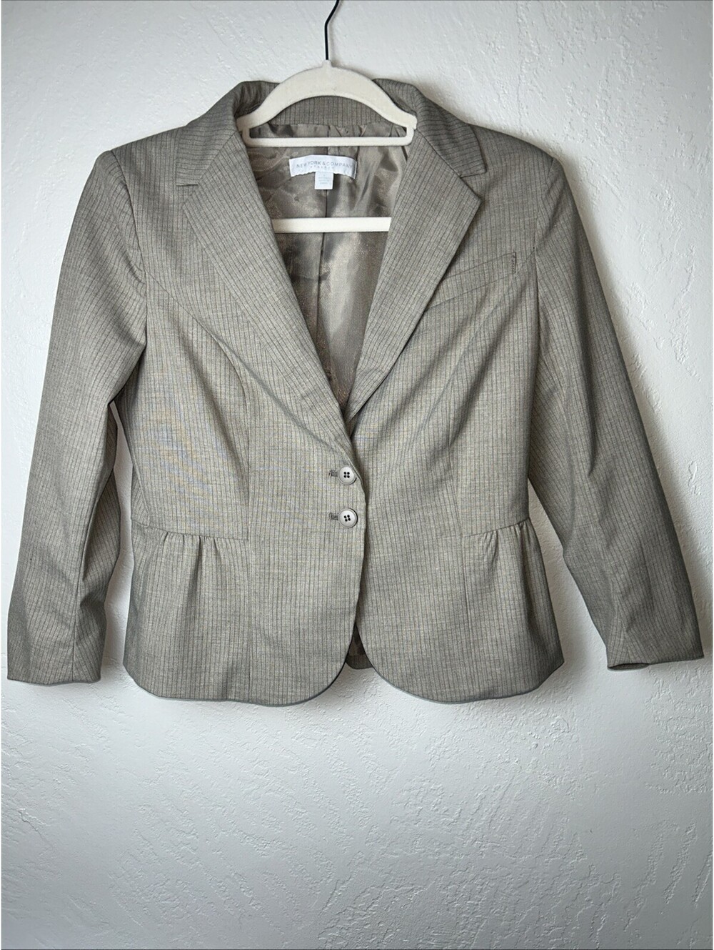 New York & Co Stretch Beige Striped Lined Blazer Jacket 2-Button Women’s 6